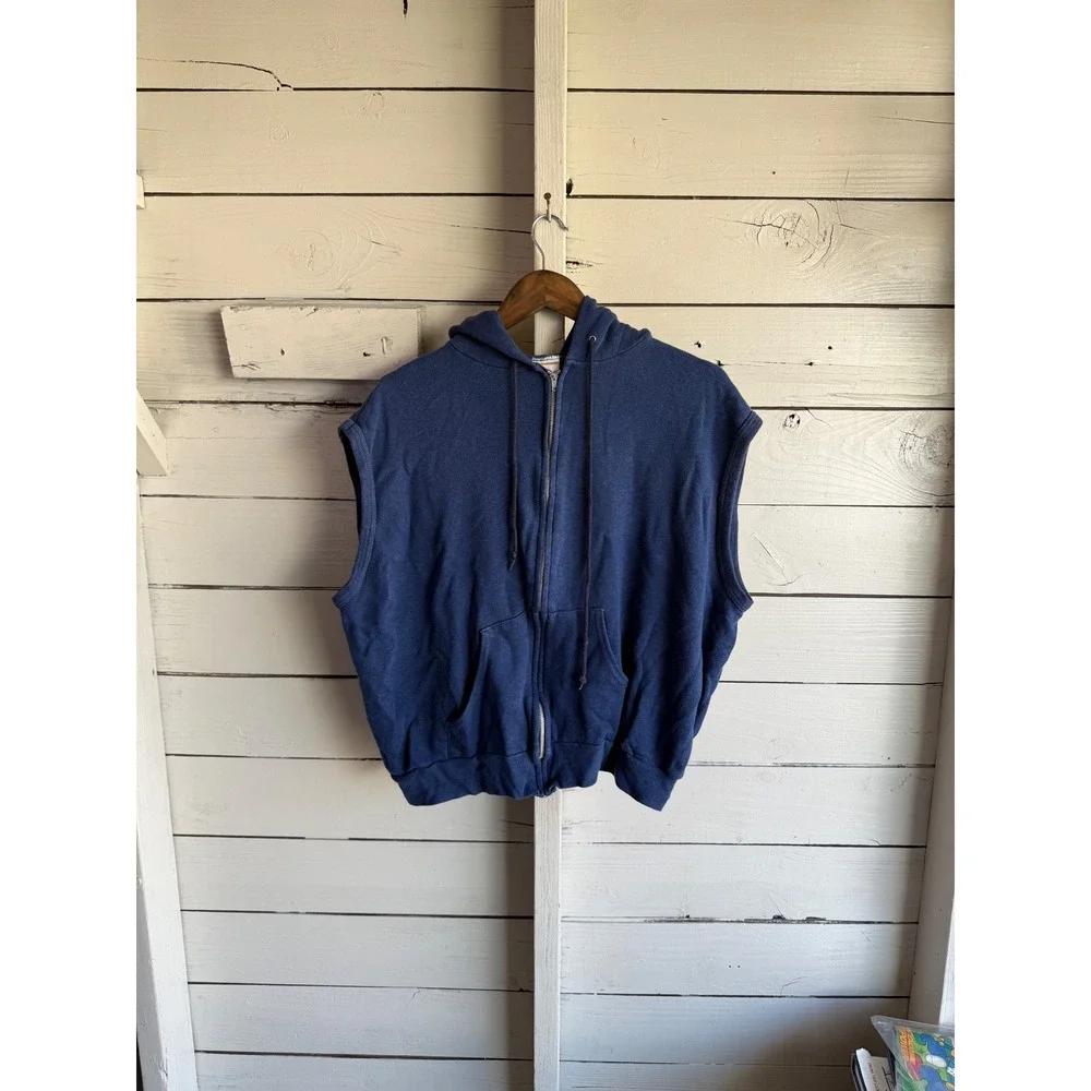 Vintage Gearing Up Mens XL Blue Sleeveless Full Zip Hoodie Sweatshirt Vest Retro